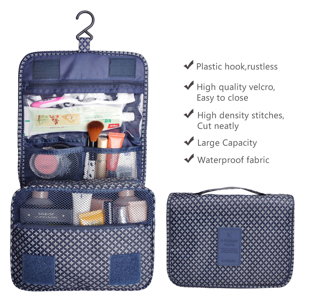 Blue Portable Waterproof Travel Kit Toiletry Cosmetic Bag Hanging Hook For Men and Women