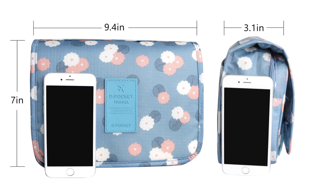 Blue Flowers Portable Waterproof Travel Kit Toiletry Cosmetic Bag Hanging Hook For Men and Women