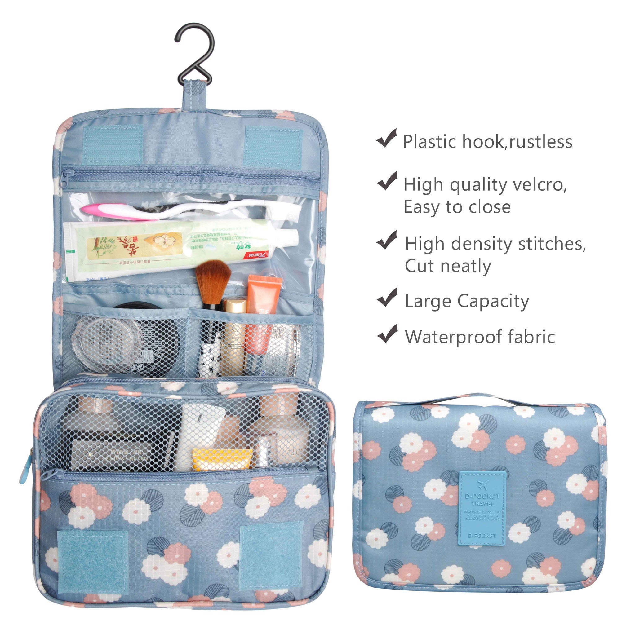 Blue Flowers Portable Waterproof Travel Kit Toiletry Cosmetic Bag Hanging Hook For Men and Women