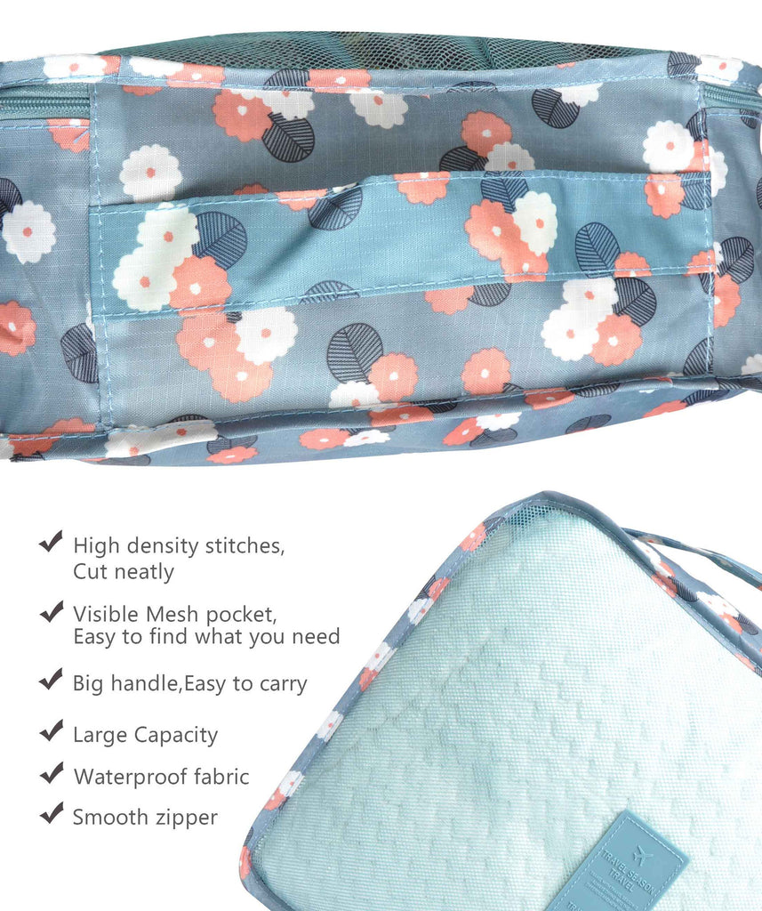 Blue Flowers 7 Set Travel Cubes,Waterproof Mesh Durable Luggage Packing Organizers,1 Shoe Bag