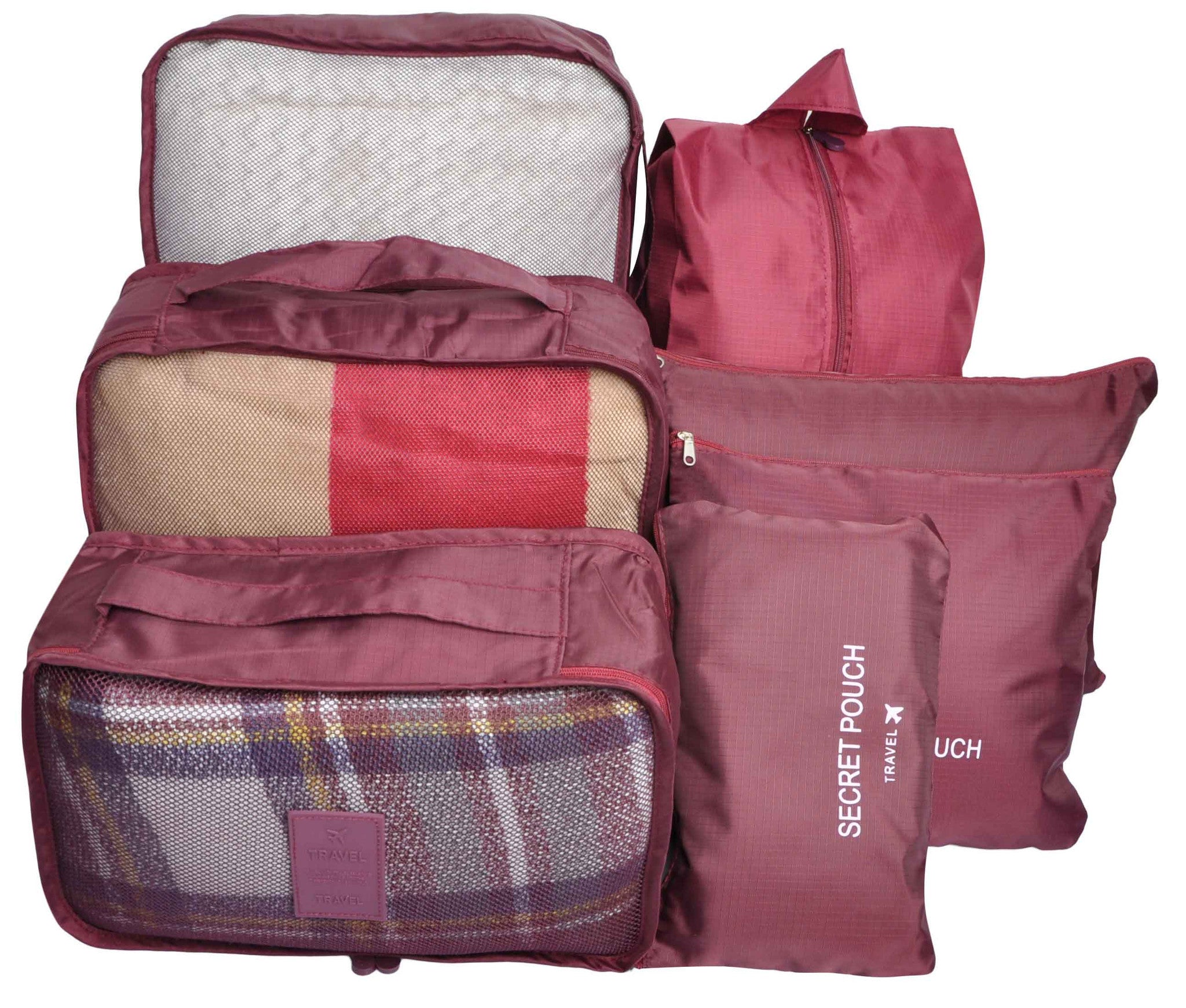 Burgundy 7 Set Travel Cubes,Waterproof Mesh Durable Luggage Packing Organizers,1 Shoe Bag