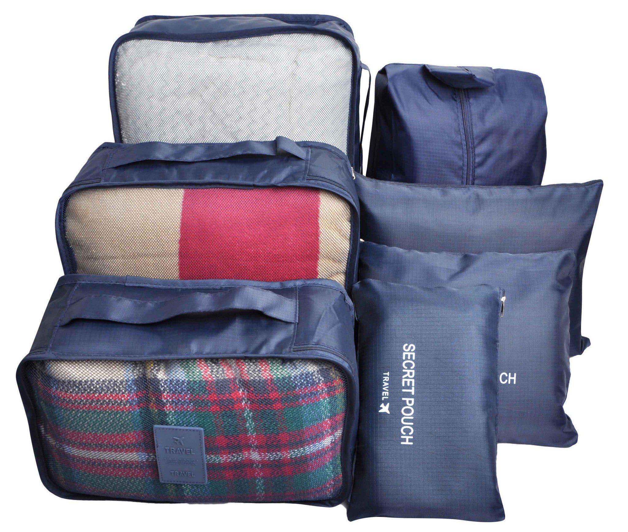 Navy Blue 7 Set Travel Cubes,Waterproof Mesh Durable Luggage Packing Organizers,1 Shoe Bag