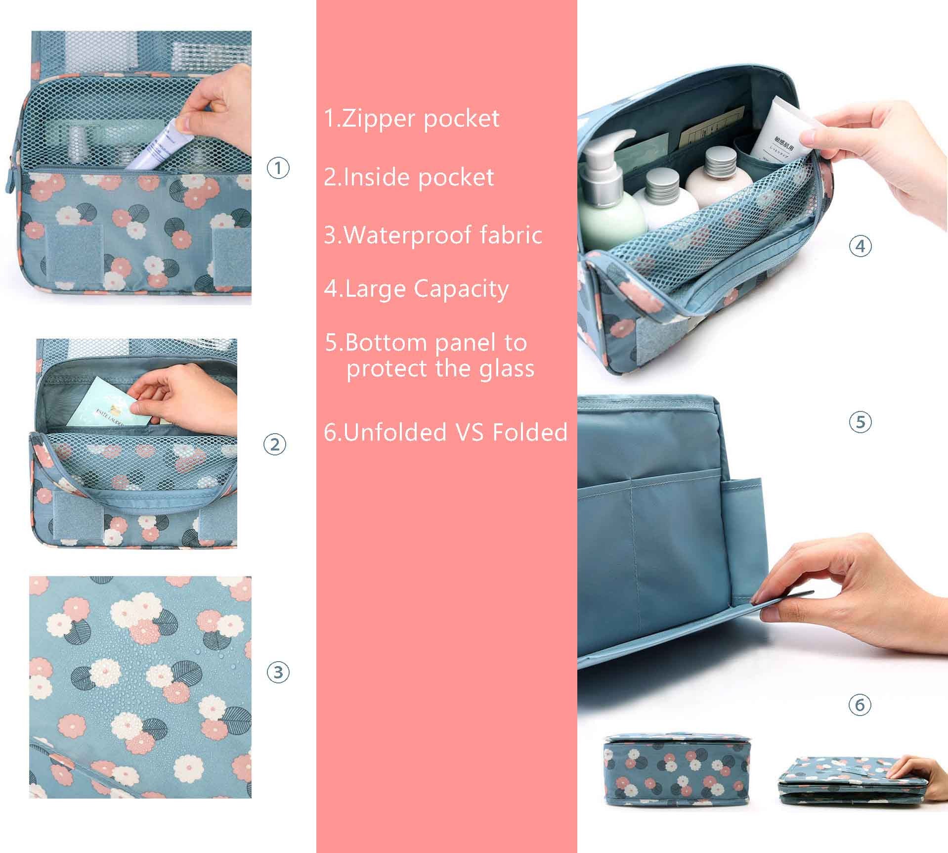 Blue Flowers Portable Waterproof Travel Kit Toiletry Cosmetic Bag Hanging Hook For Men and Women