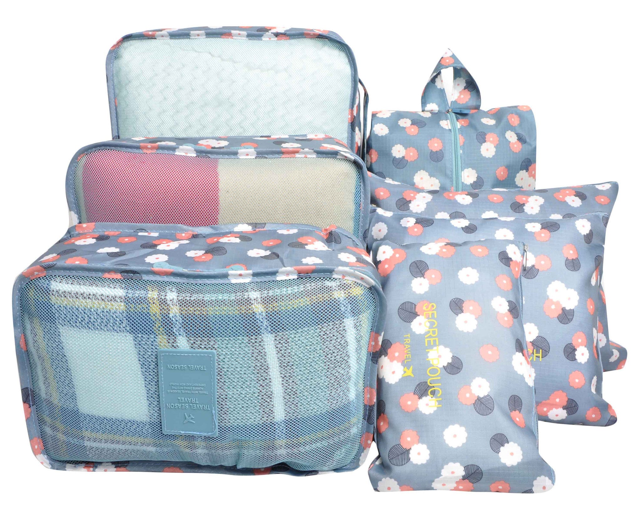 Blue Flowers 7 Set Travel Cubes,Waterproof Mesh Durable Luggage Packing Organizers,1 Shoe Bag