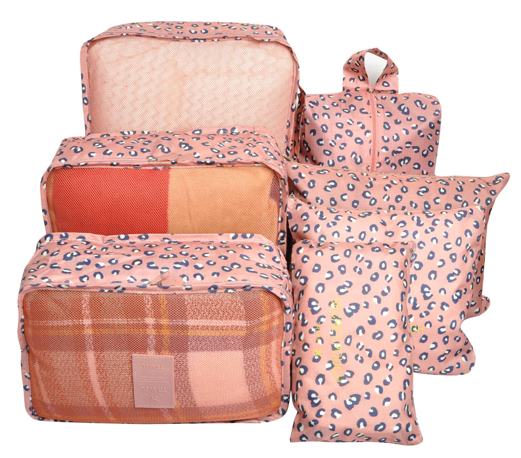 Pink Leopard 7 Set Travel Cubes,Waterproof Mesh Durable Luggage Packing Organizers,1 Shoe Bag