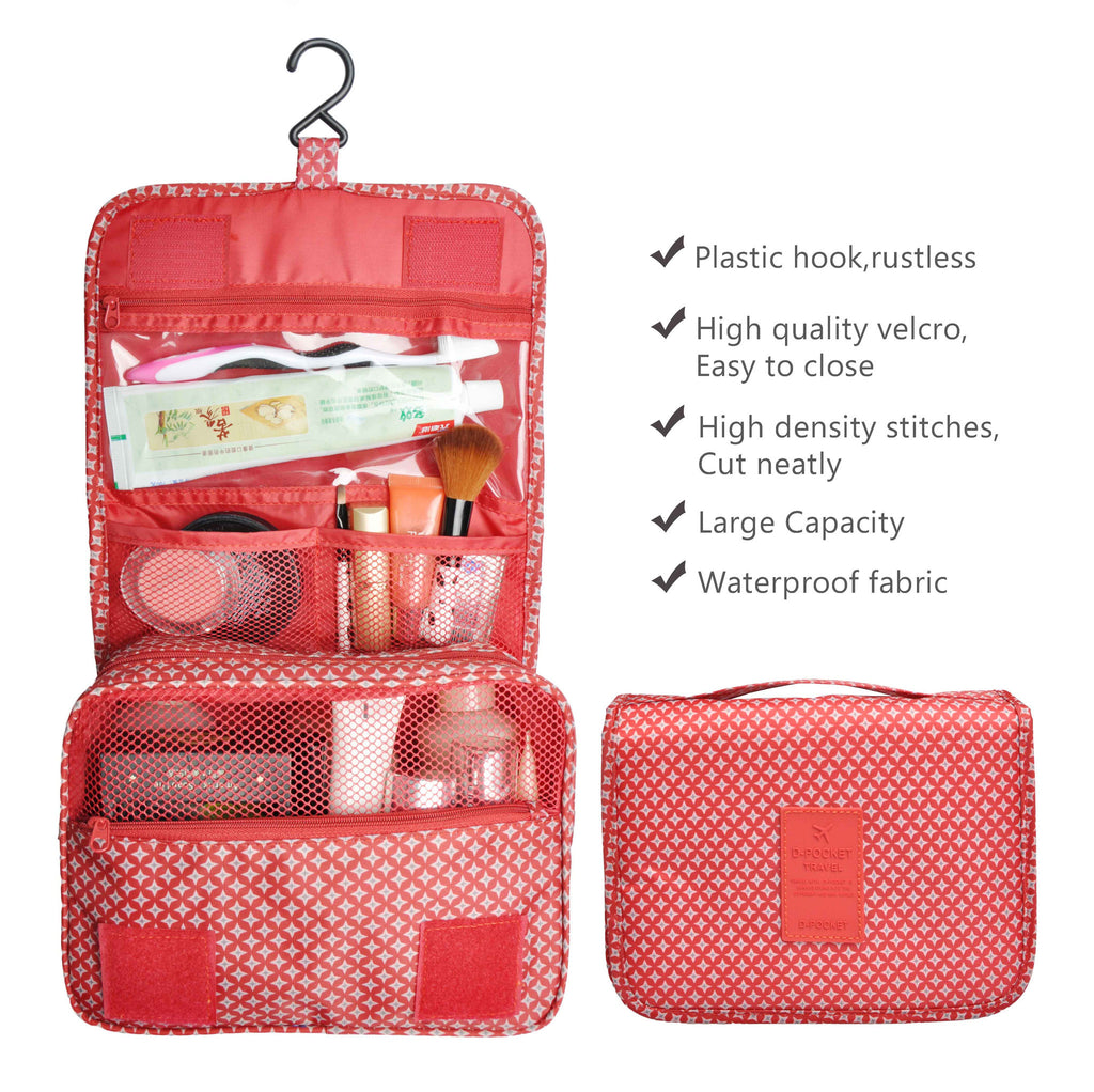 Red Portable Waterproof Travel Kit Toiletry Cosmetic Bag Hanging Hook For Men and Women