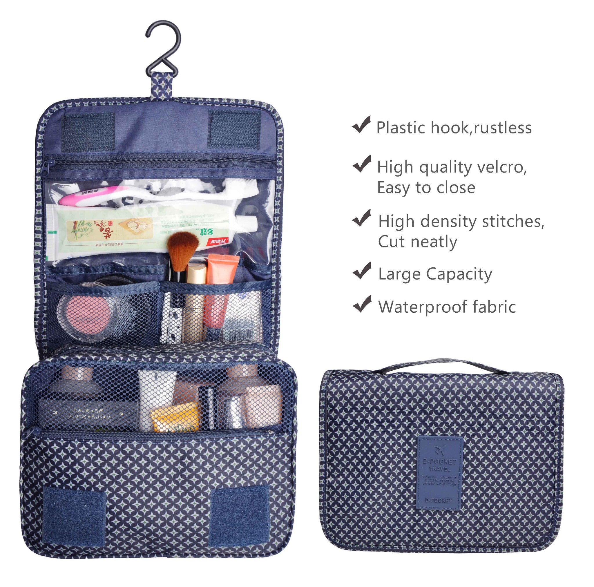 Blue Portable Waterproof Travel Kit Toiletry Cosmetic Bag Hanging Hook For Men and Women