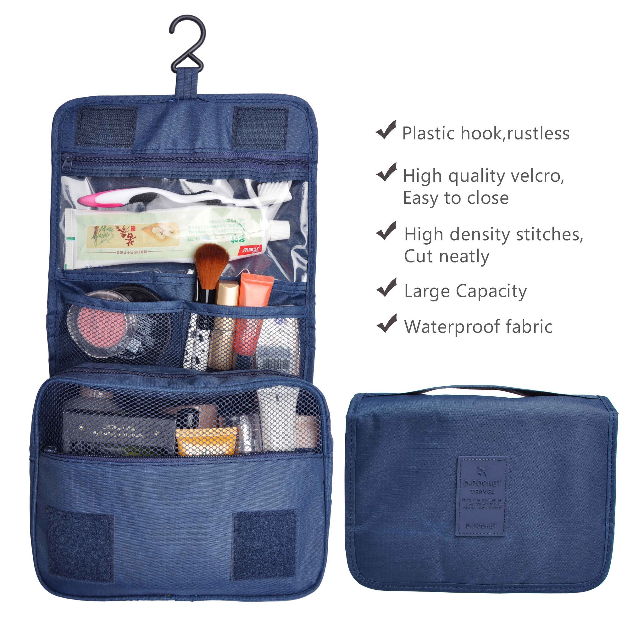 Navy Portable Waterproof Travel Kit Toiletry Cosmetic Bag Hanging Hook For Men and Women