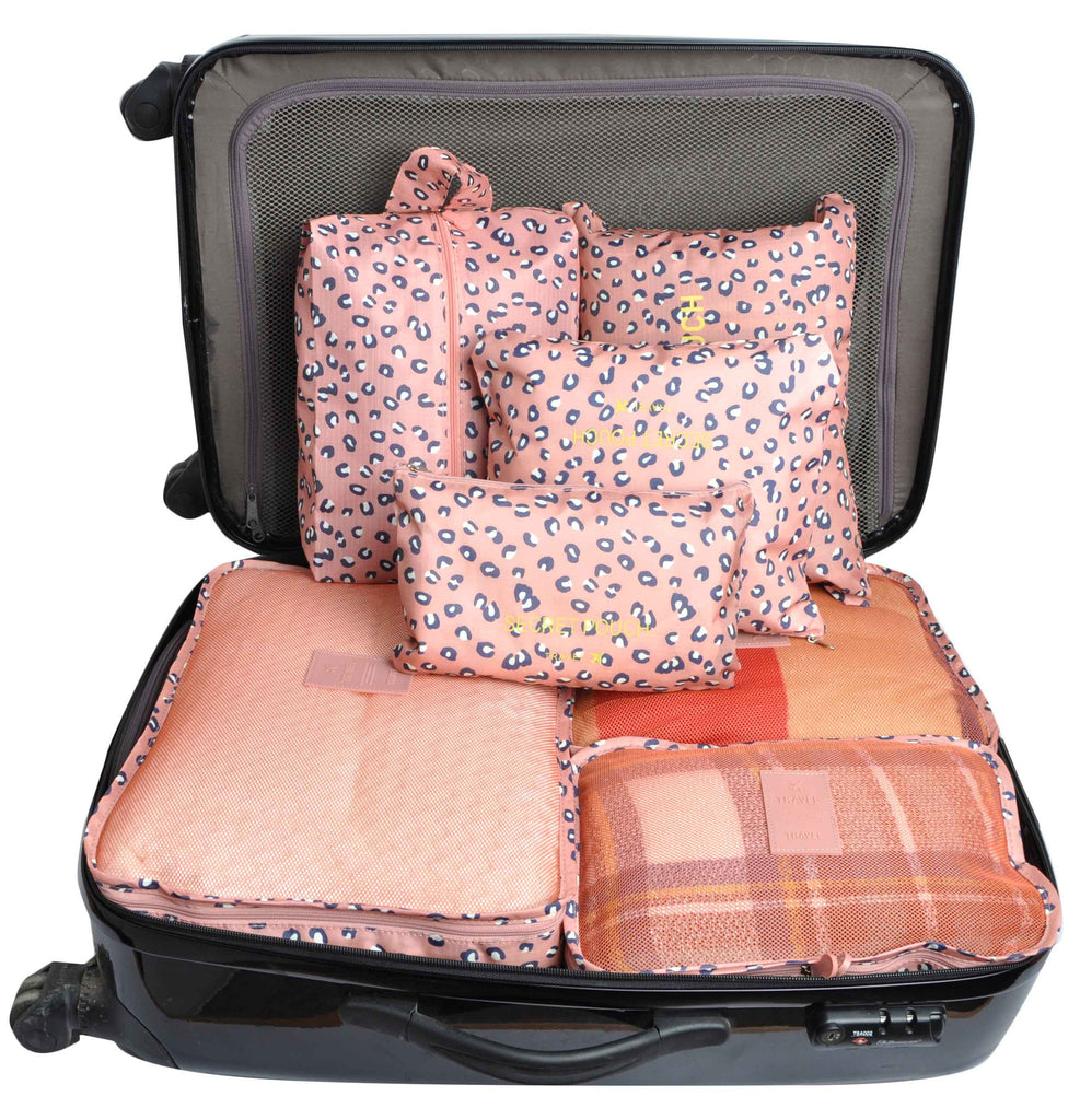 Pink Leopard 7 Set Travel Cubes,Waterproof Mesh Durable Luggage Packing Organizers,1 Shoe Bag