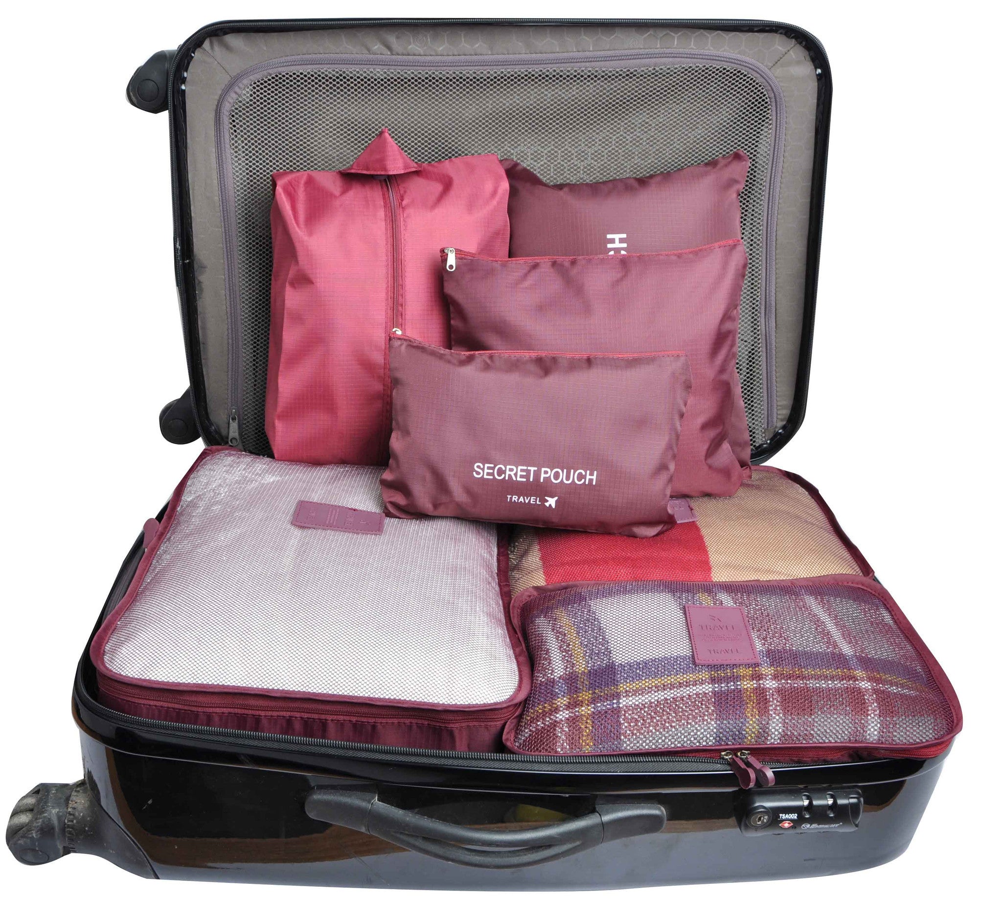 Burgundy 7 Set Travel Cubes,Waterproof Mesh Durable Luggage Packing Organizers,1 Shoe Bag