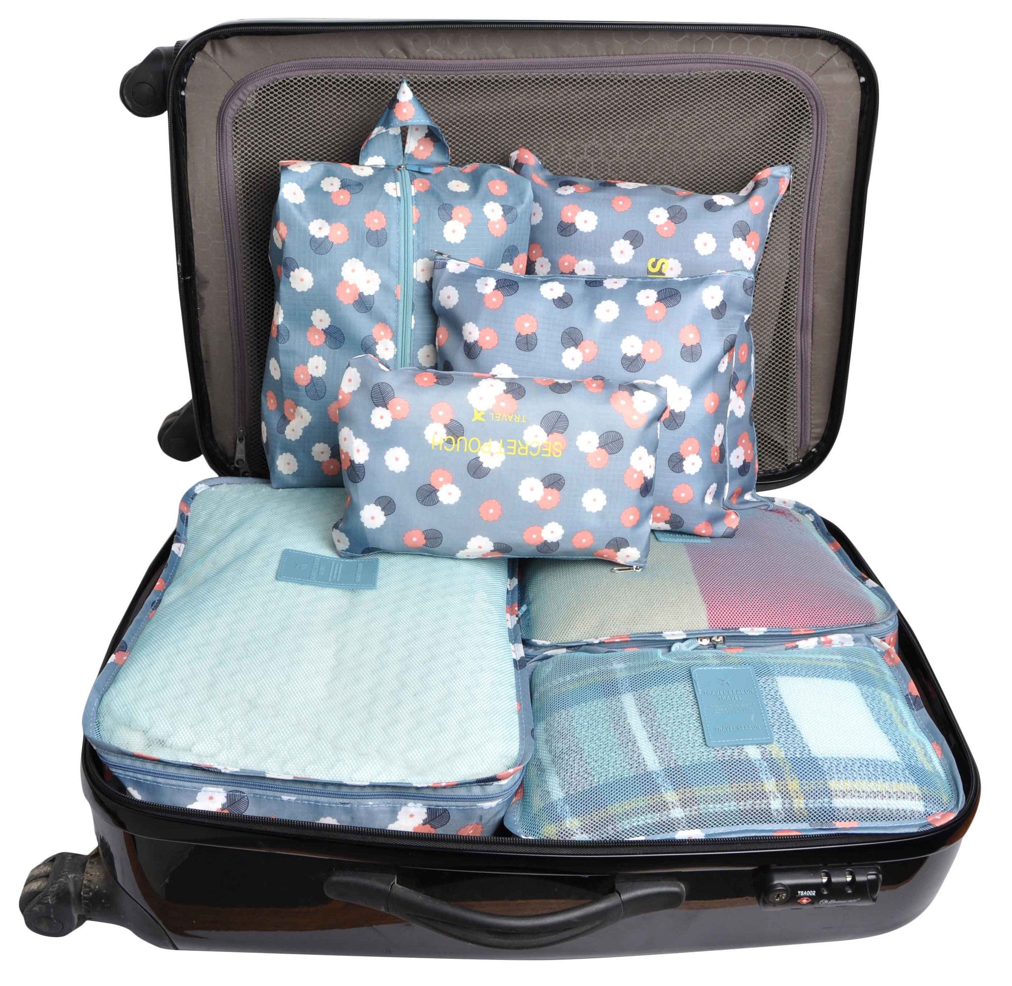 Blue Flowers 7 Set Travel Cubes,Waterproof Mesh Durable Luggage Packing Organizers,1 Shoe Bag