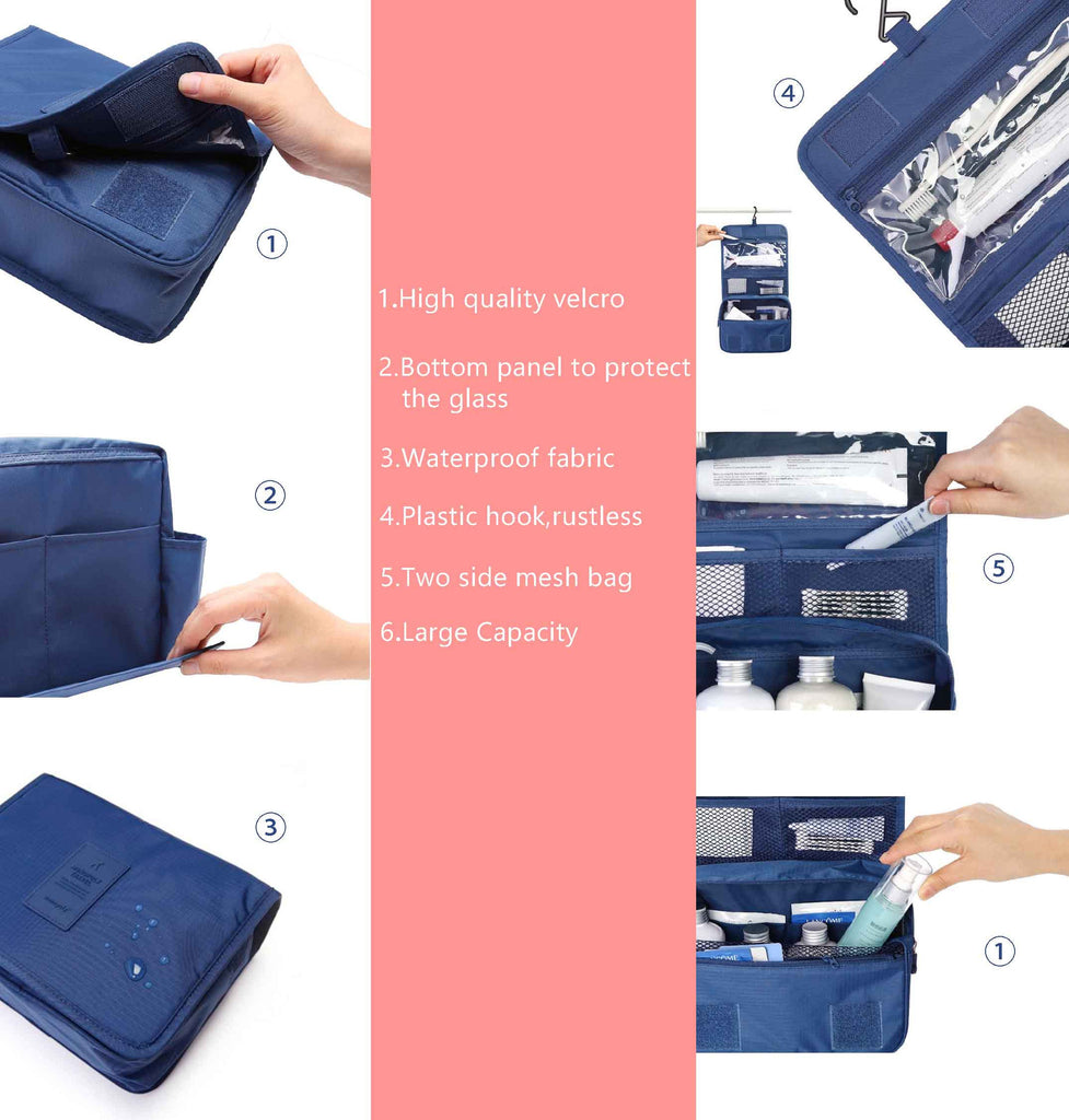 Navy Portable Waterproof Travel Kit Toiletry Cosmetic Bag Hanging Hook For Men and Women