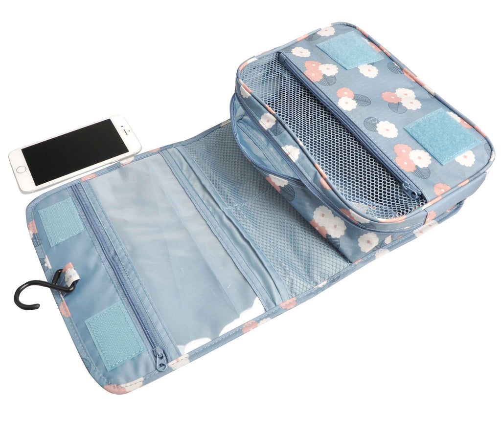 Blue Flowers Portable Waterproof Travel Kit Toiletry Cosmetic Bag Hanging Hook For Men and Women