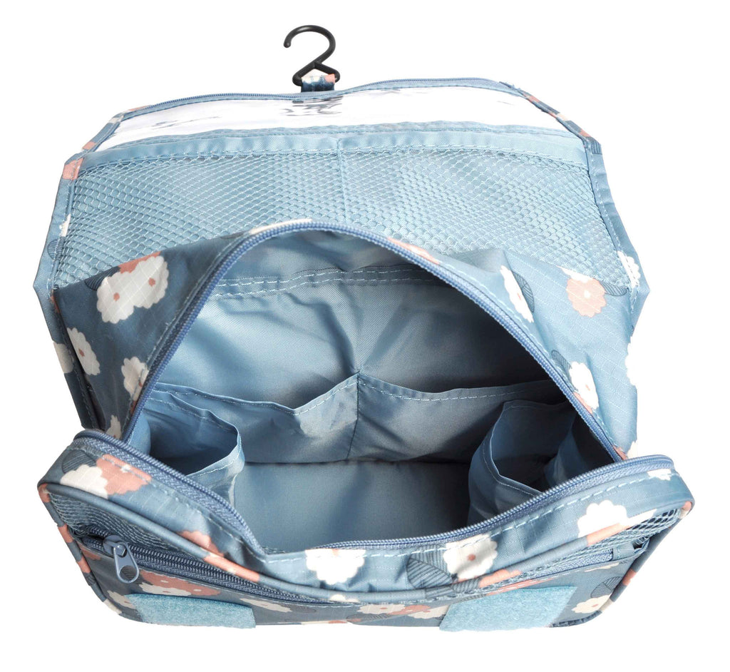 Blue Flowers Portable Waterproof Travel Kit Toiletry Cosmetic Bag Hanging Hook For Men and Women