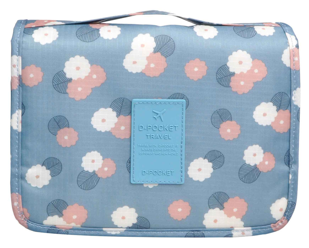 Blue Flowers Portable Waterproof Travel Kit Toiletry Cosmetic Bag Hanging Hook For Men and Women