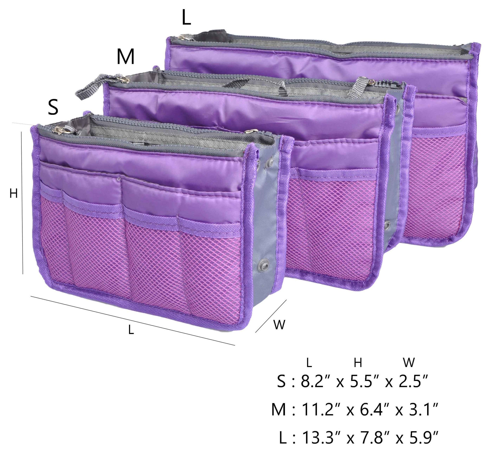 Purple Purse Organizer,Insert Handbag Organizer Nylon Bag in Bag (13 Pockets 15 Colors 3 Sizes)